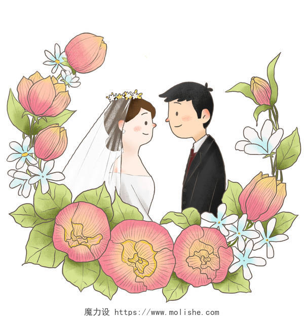 卡通手绘婚礼元素新郎新娘原创插画素材